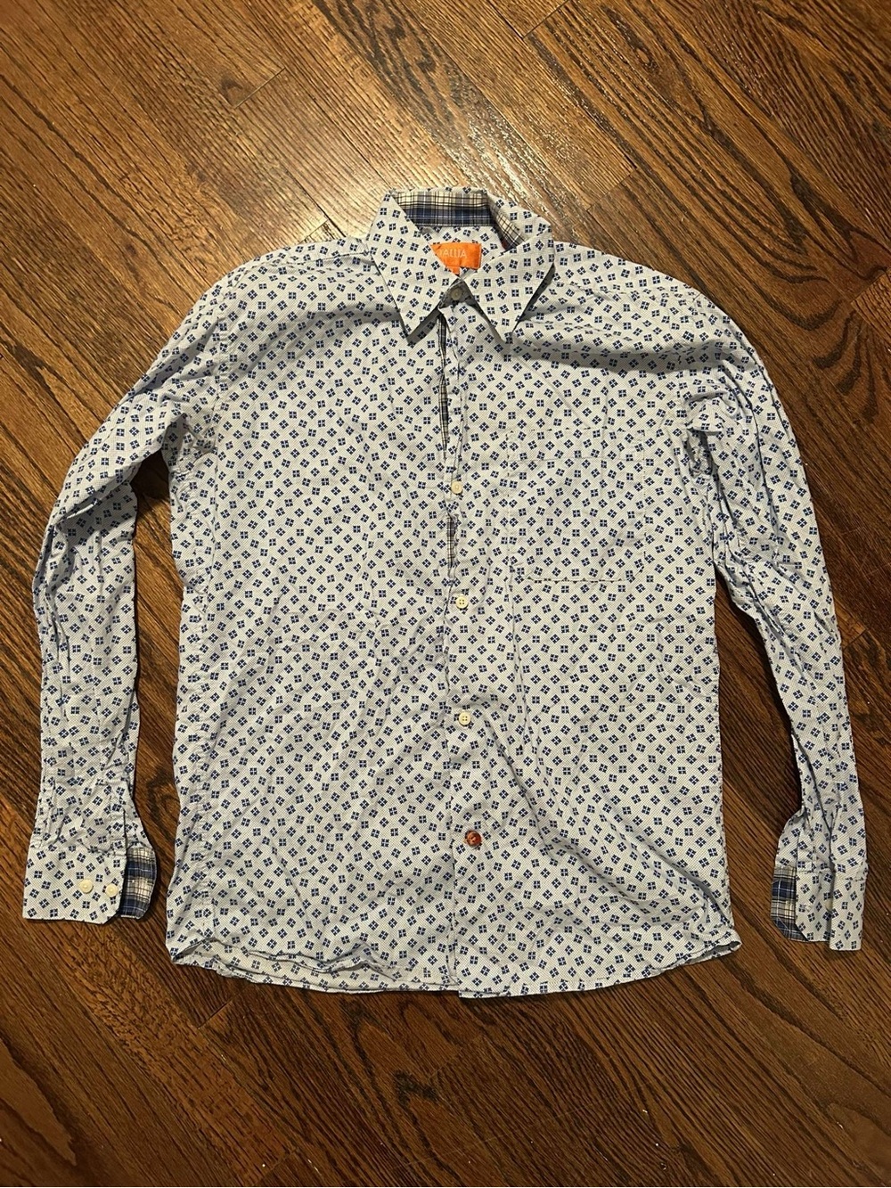 Tallia Boys White Button-Up Shirt with Blue Microprint Size 16